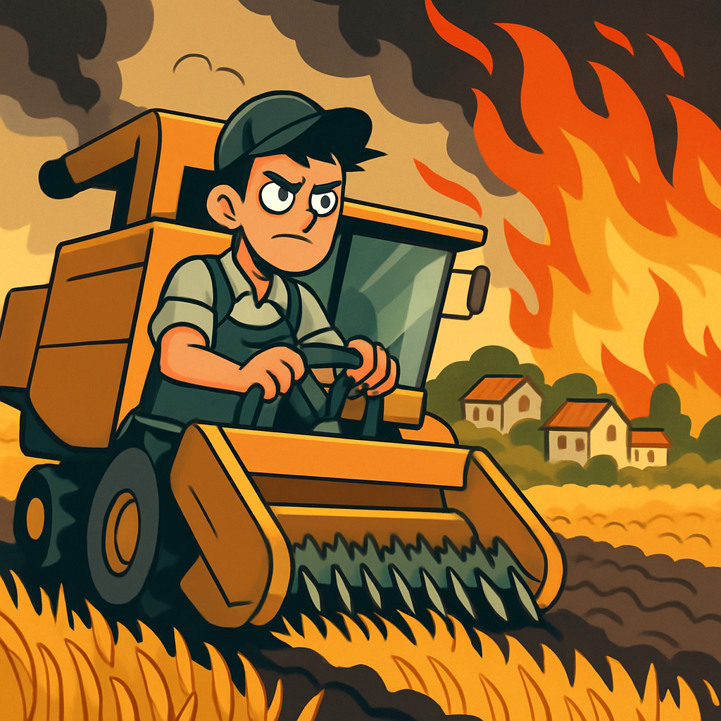 Молодой житель Килани со своим частным комбайном и по собственной инициативе создал решающую зону разрыва огня.