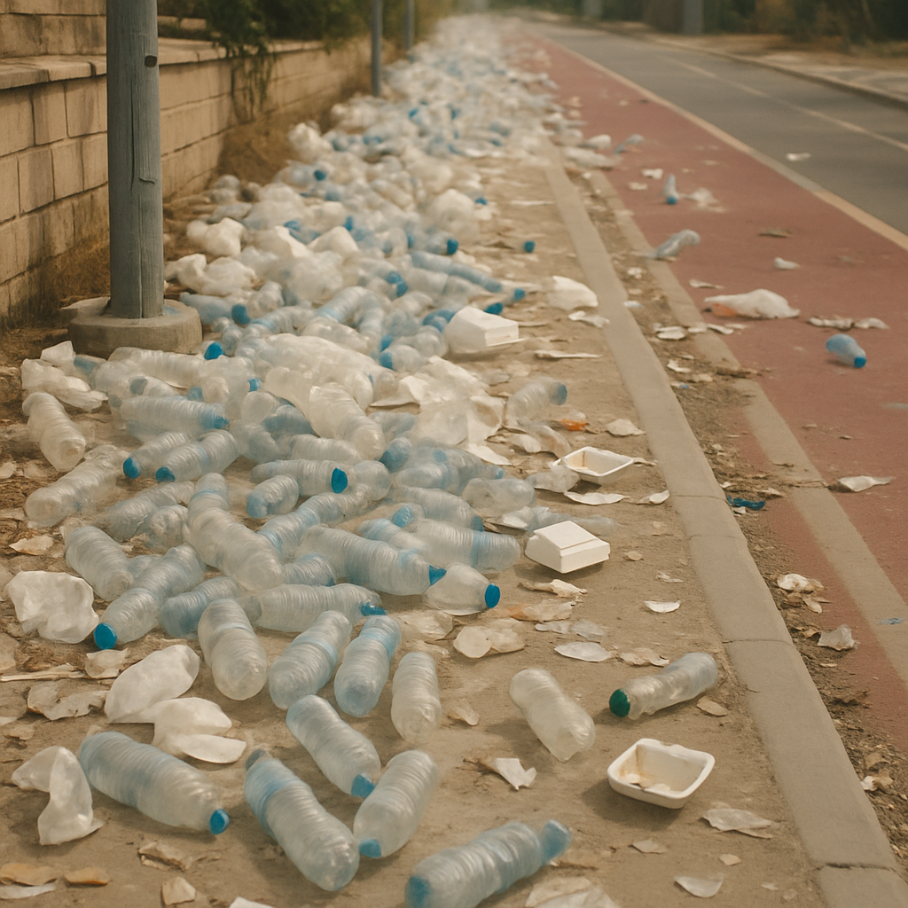 Dozens of plastic bottles and trash were scattered along the sidewalk and bike path in Nicosia after today's marathon.