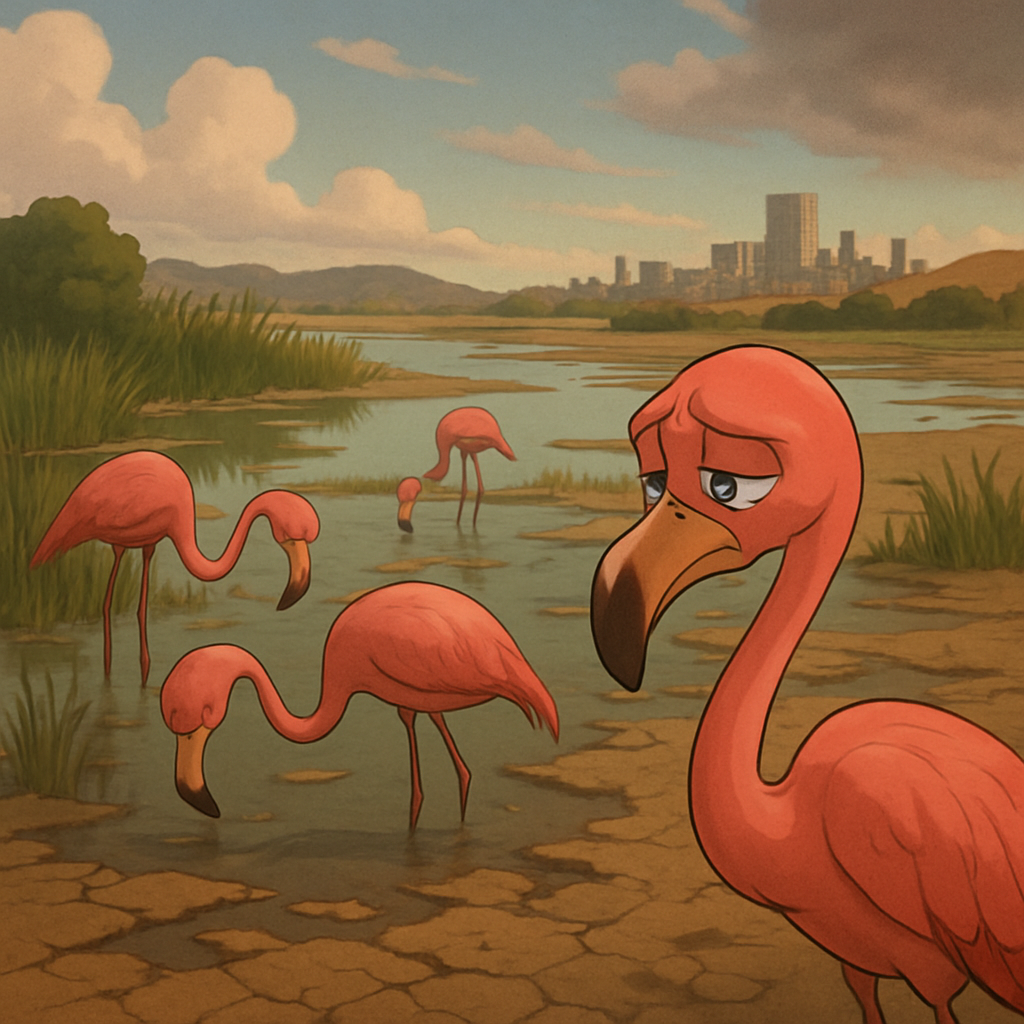 The number of flamingos in the wetlands of Cyprus has decreased by 31% since 2013 due to droughts, deteriorating water quality, and development.