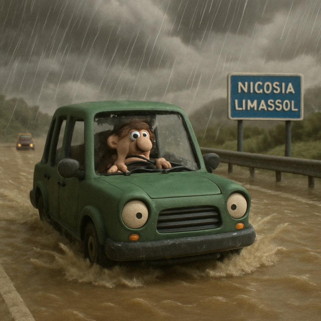 Torrential rains hit the Nicosia – Limassol highway, particularly in the Kornos and Kofinou areas.