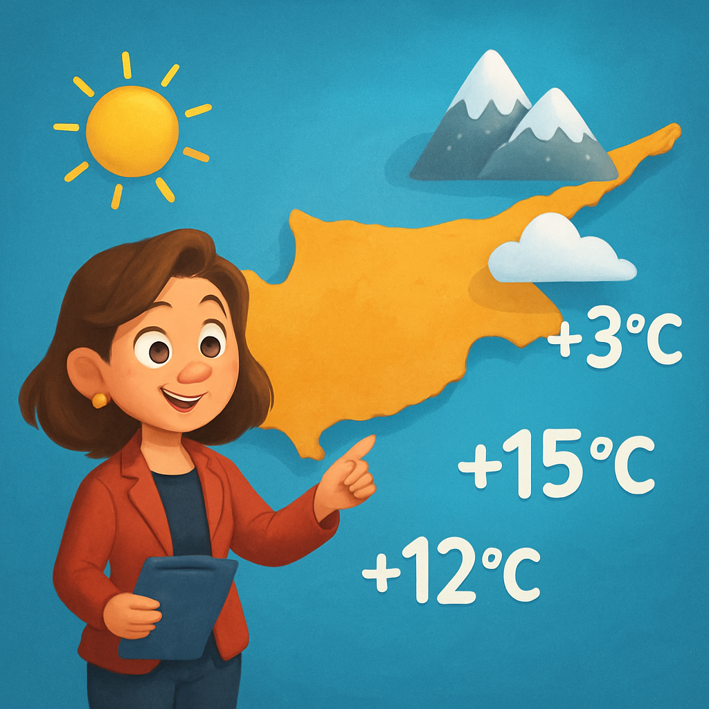 Today in Cyprus it is up to +12C inland, +15C on the coast, and +3C in the mountains.