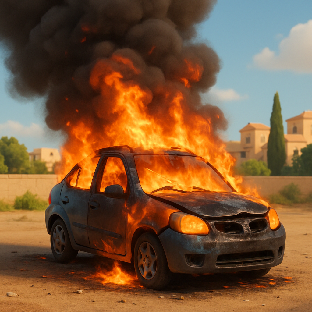 In Geroskipou (Paphos), a car parked in an open area caught fire.