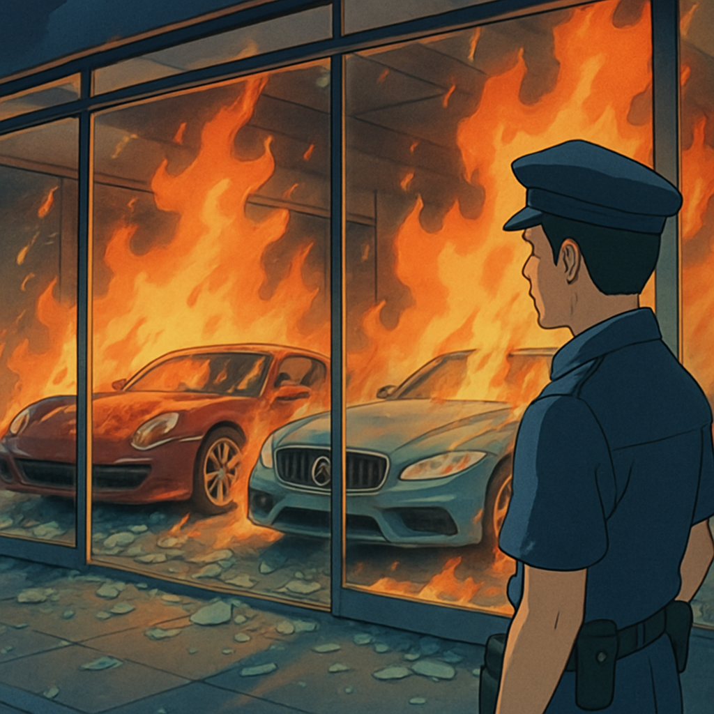 Police report that an arsonist smashed a glass showcase of a car dealership in central Limassol and set it on fire, completely destroying two luxury cars with a total value of 180,000 euros.