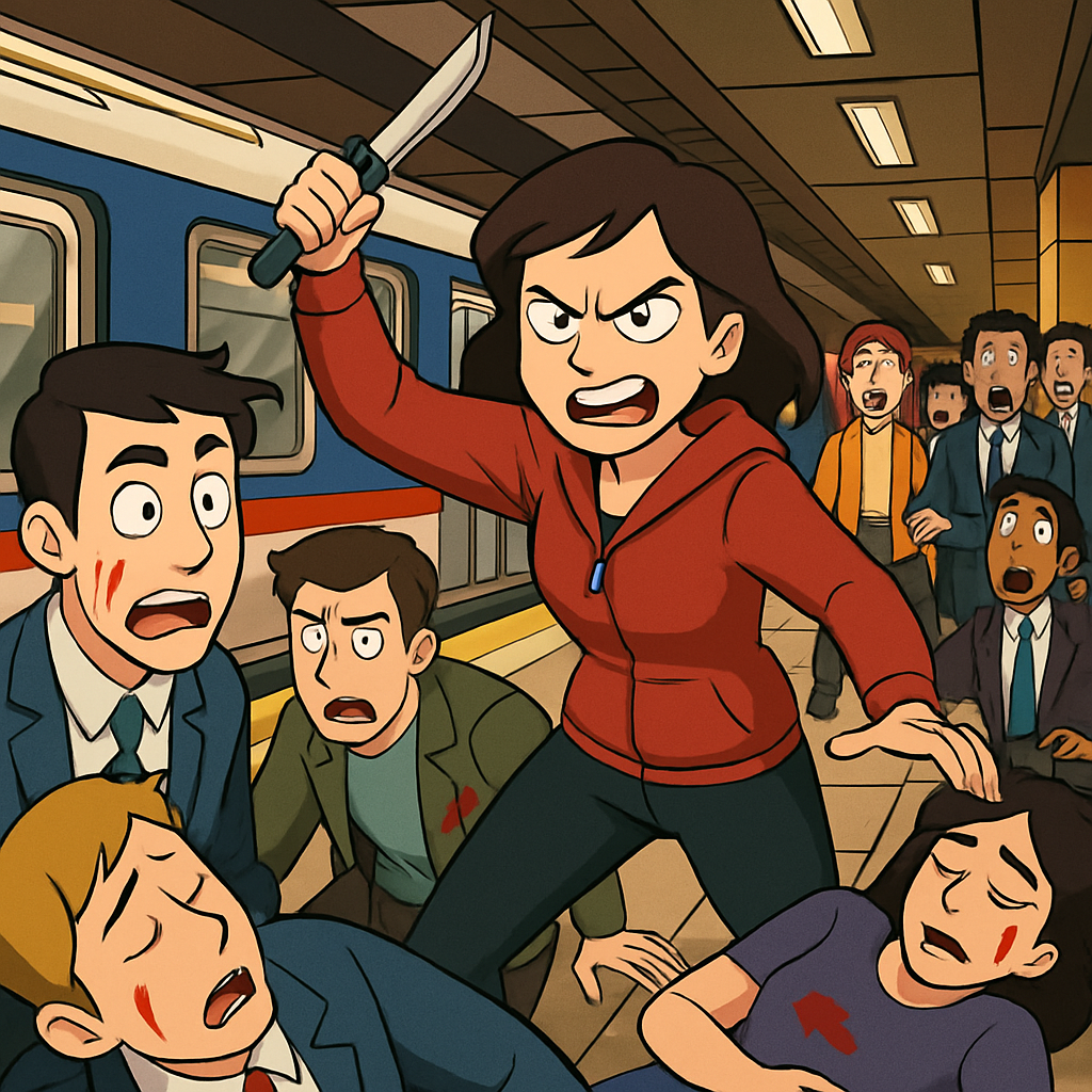 The woman stole a knife from a drug store and attacked passengers waiting on a platform in the busy station during the Friday evening rush hour, severely injuring at least four of her victims.