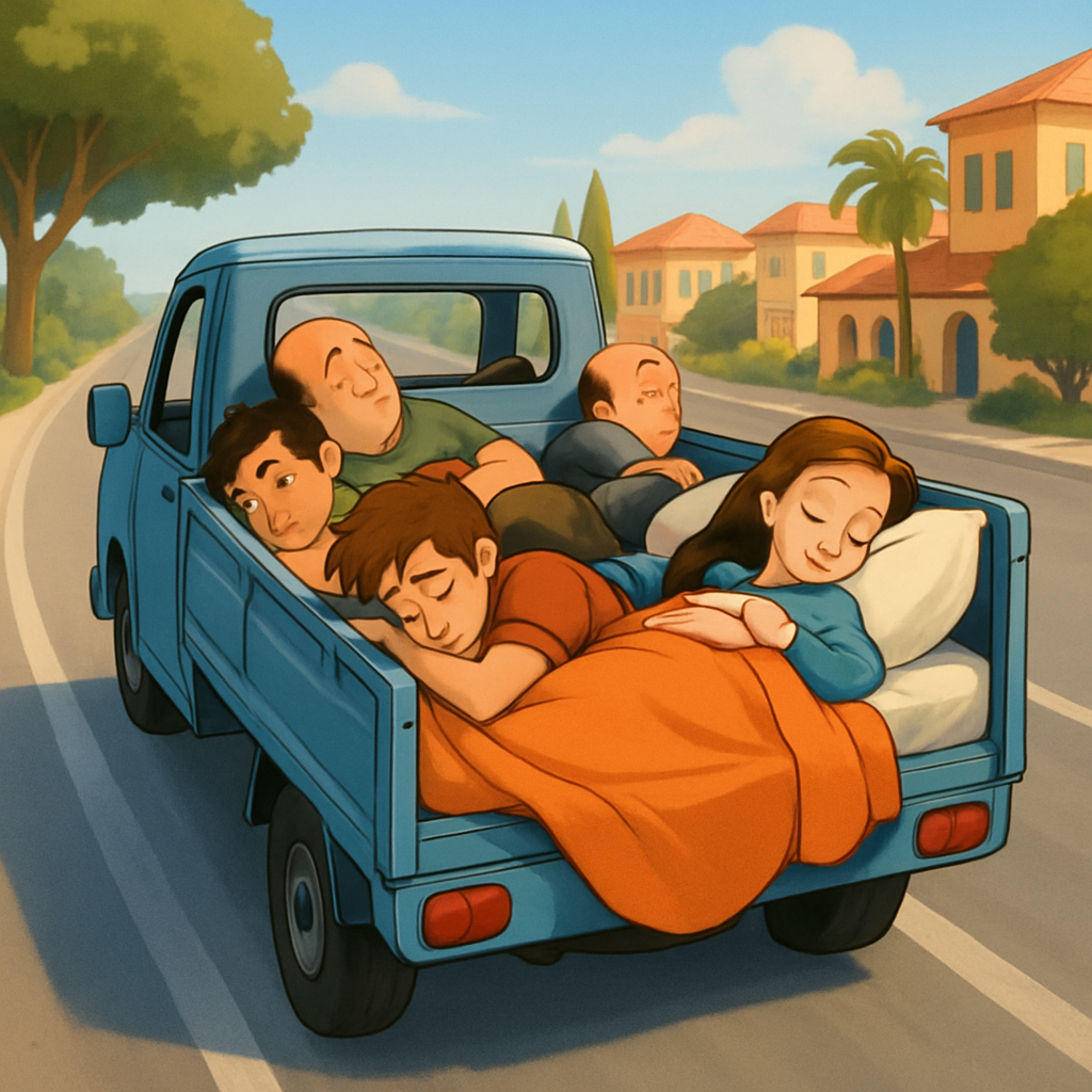 On the road in Limassol, a scene was captured where people are sleeping in the back of a moving truck.