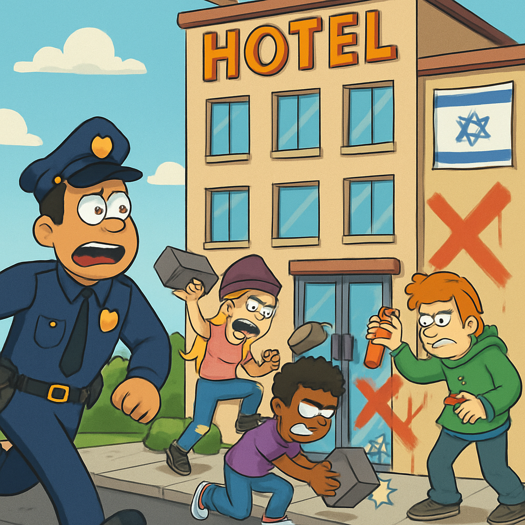 Полиция сообщила, что четверо людей совершили акт вандализма в отношении израильского отеля.