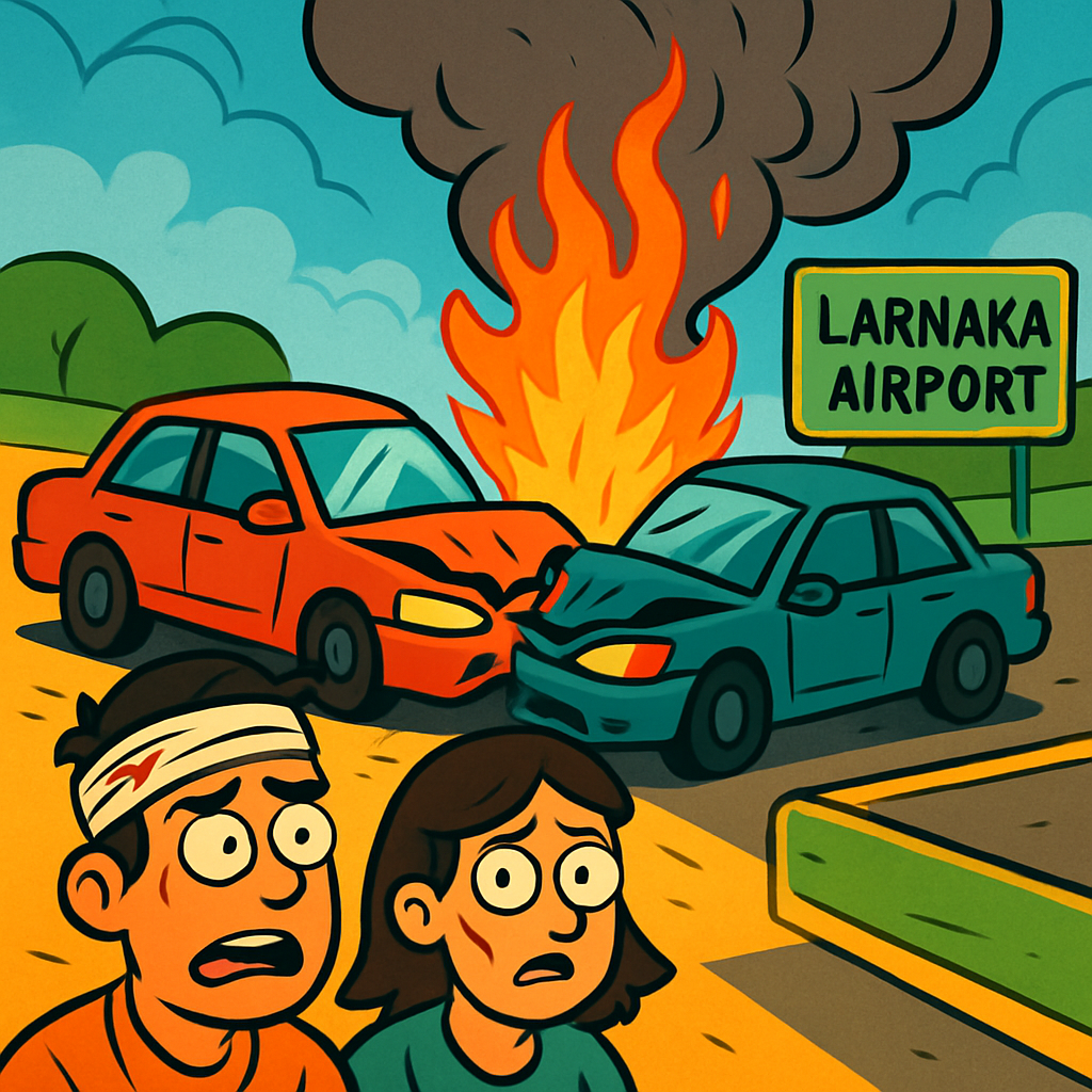 Два человека пострадали в результате столкновения двух автомобилей, которое привело к возгоранию машины на дороге, ведущей к аэропорту Ларнаки.