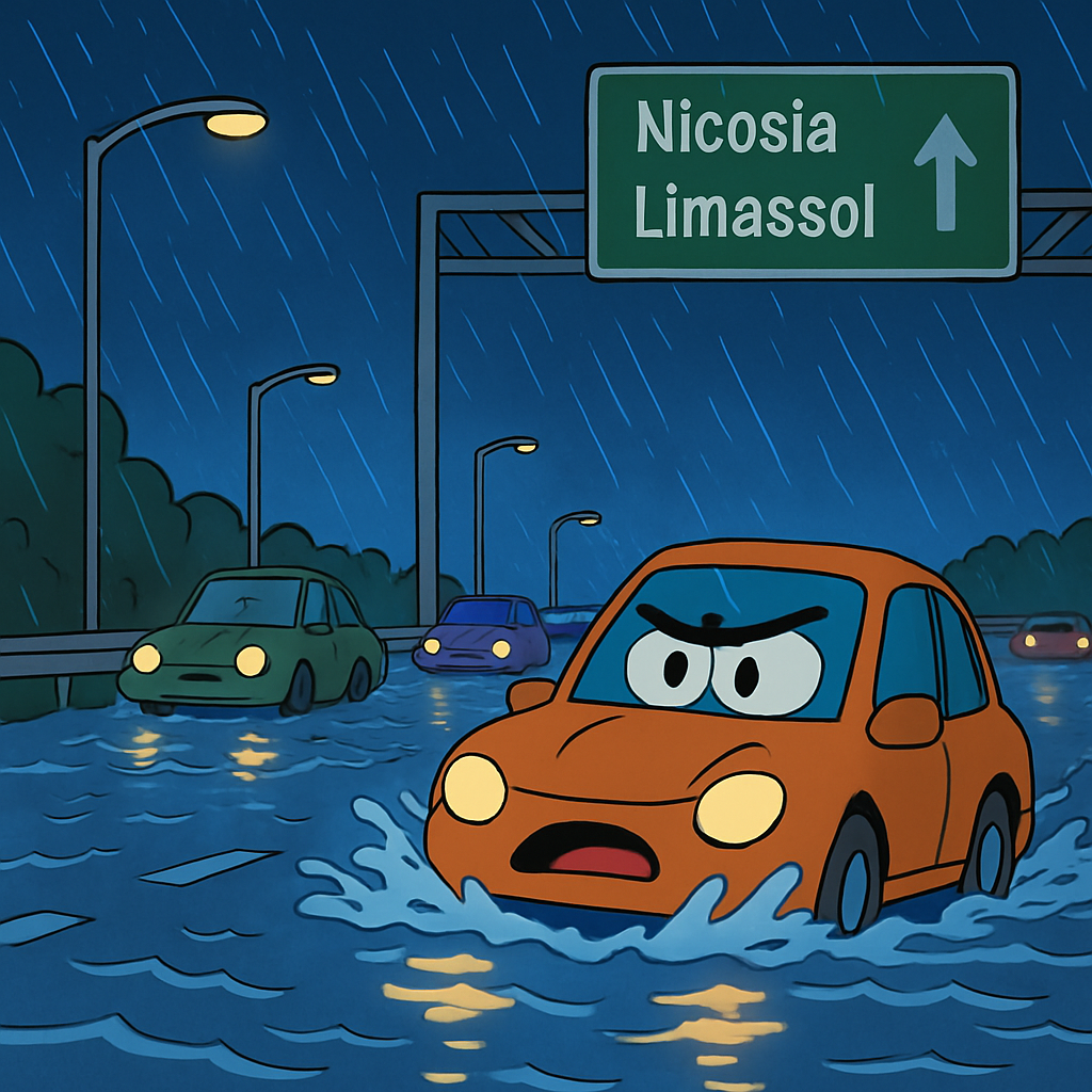 Debido a la intensa lluvia que comenzó alrededor de las 8:00 PM, hay una gran acumulación de agua en la autopista Nicosia-Limassol.