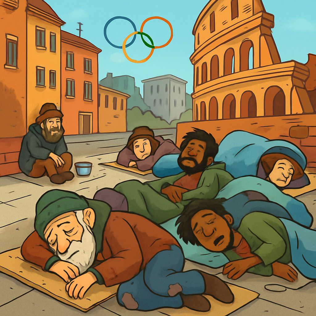 Six homeless people have died in the Italian city in recent weeks, highlighting the widening inequality as the Games unfold there.