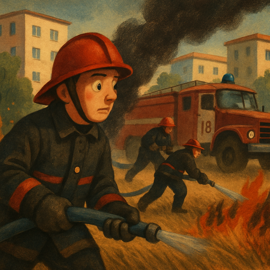 На территории жилого района в Полемидии на участке с сухой травой тушат пожар.