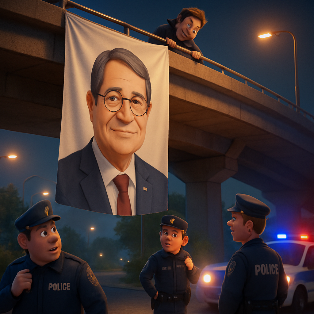 Individuos desconocidos colgaron una pancarta del presidente de Chipre en un puente en Limassol.