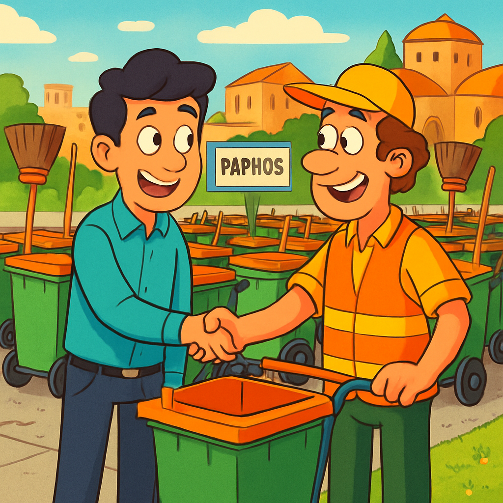 Alexandros Jiang, un chipriota de origen chino, donó 14 carritos de limpieza al municipio de Paphos para ayudar a mantener la ciudad limpia.