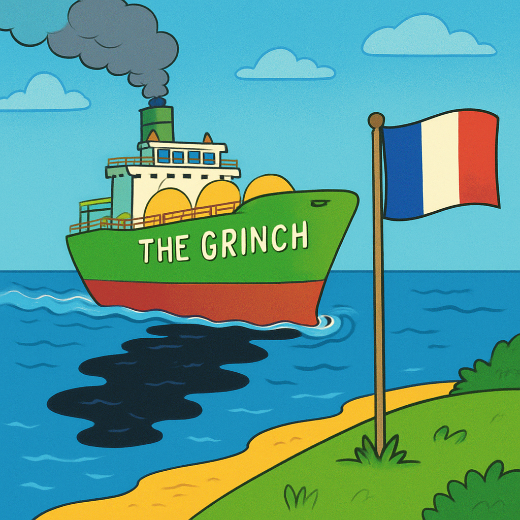 Oil tanker named the Grinch has left French waters after the company that owns the vessel paid a penalty worth "several million euros".