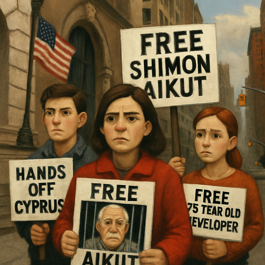 Семья Шимона Айкута начала антикипрскую кампанию в Нью-Йорке, требуя освобождения 75-летнего застройщика, который уже более года содержится под стражей кипрскими властями по обвинению в незаконной эксплуатации недвижимости греков-киприотов на северном Кипре