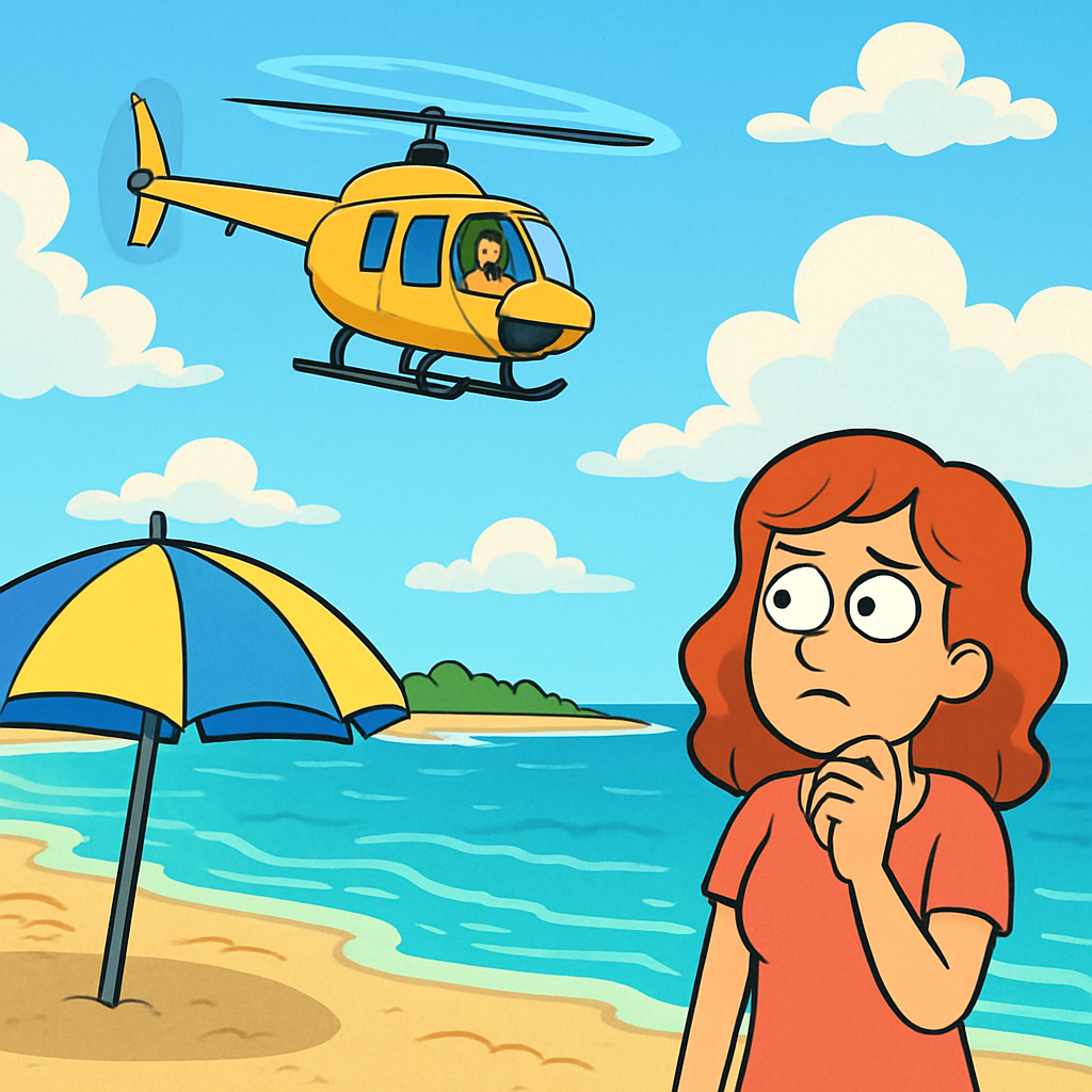 Над морем у пляжа Макрониссос кружит вертолет, улетает и снова возвращается.