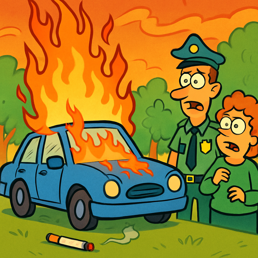 По словам полиции, двое пассажиров утверждают, что причиной пожара стал окурок, упавший внутрь автомобиля.