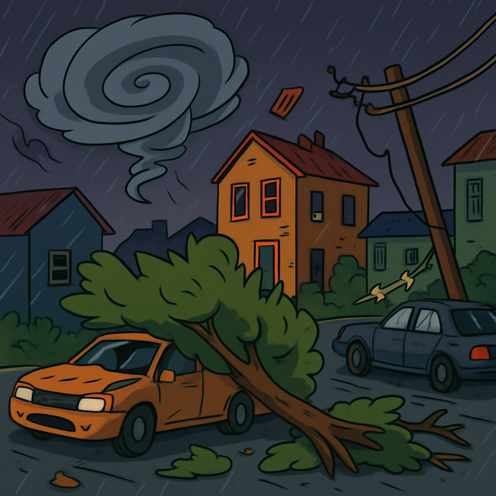 В пятницу вечером ураган обрушился на Талу в районе Пафоса, повалив деревья и повредив здания, а также автомобили.