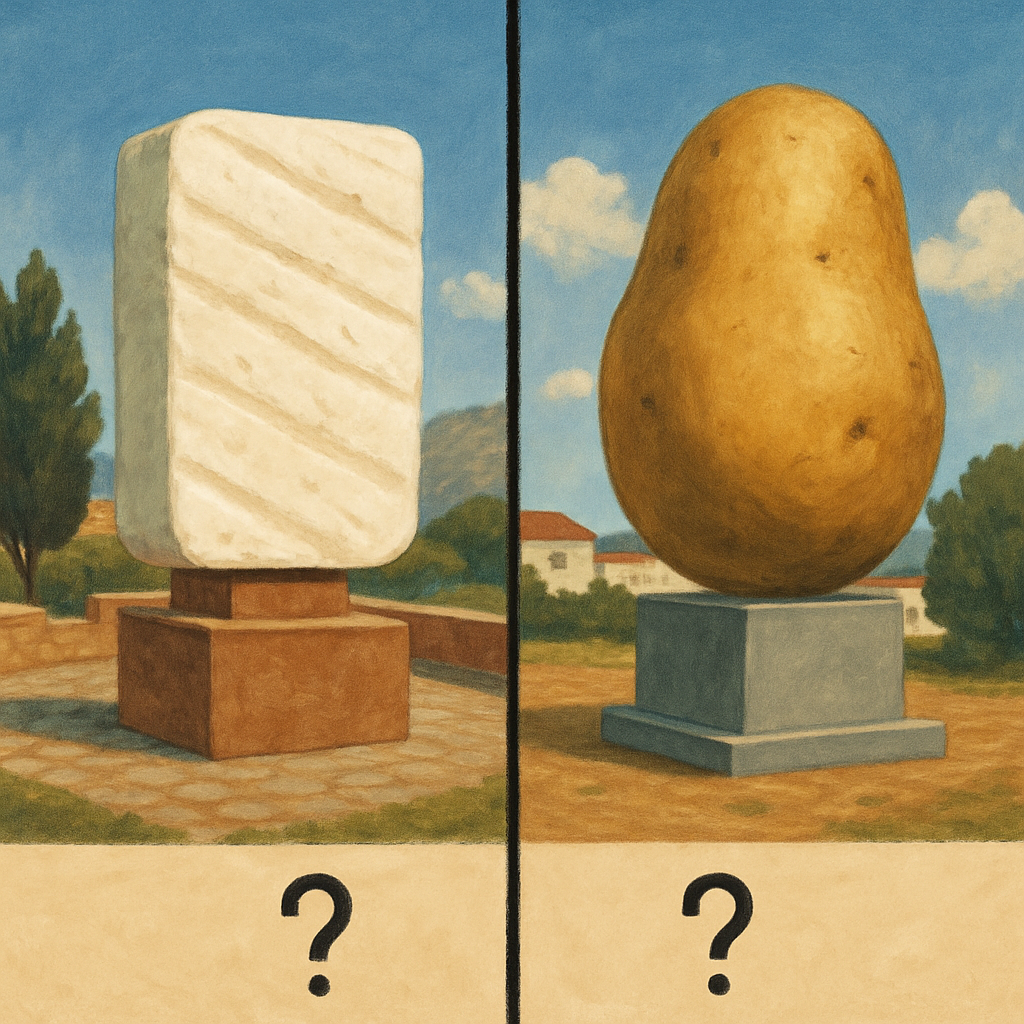 В соцсетях Кипра сравнивают новую скульптуру халуми в Писсури со старой доброй картофелиной в Ксилофагу.