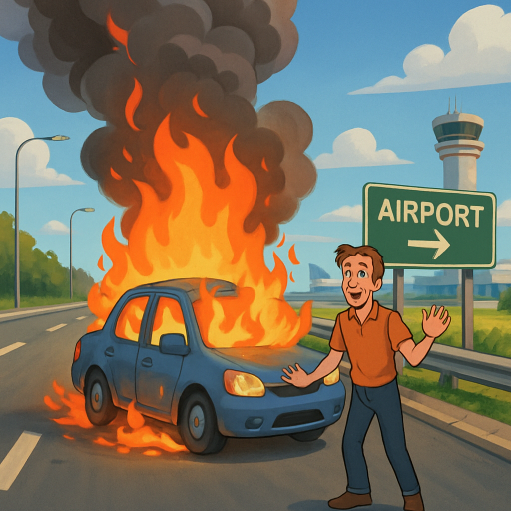 A moving car caught fire on the road near Larnaca airport.