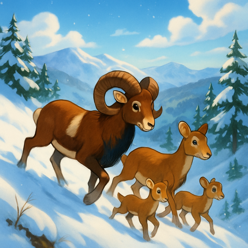 In Cyprus, in the mountains, a family of mouflons was captured crossing a snow-covered slope.