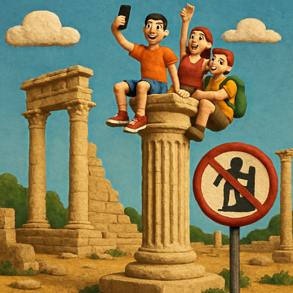 В святилище Аполлона в районе Лимассола туристы взобрались на вершину памятника, чтобы сфотографироваться, нарушив правила охраны археологического объекта.