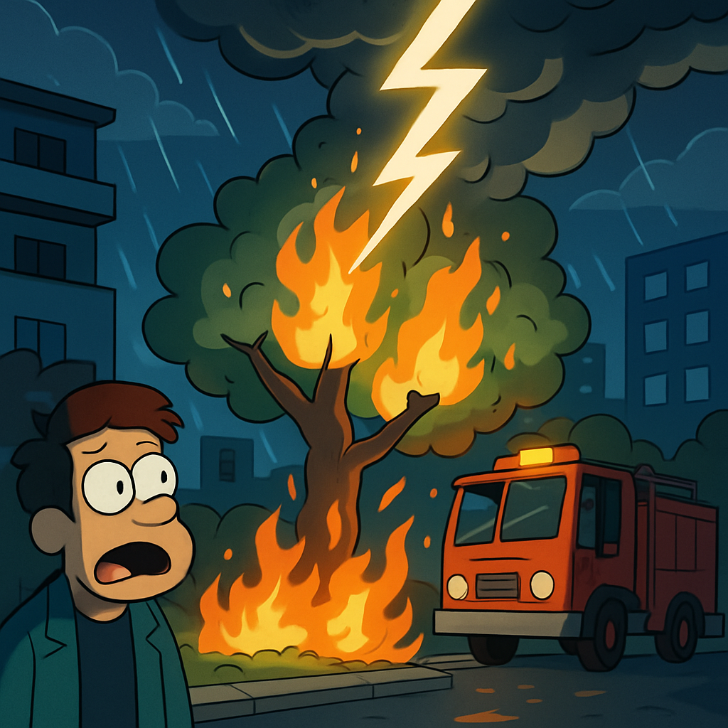 В понедельник вечером в центре Лимассола молния ударила в дерево, вызвав пожар.