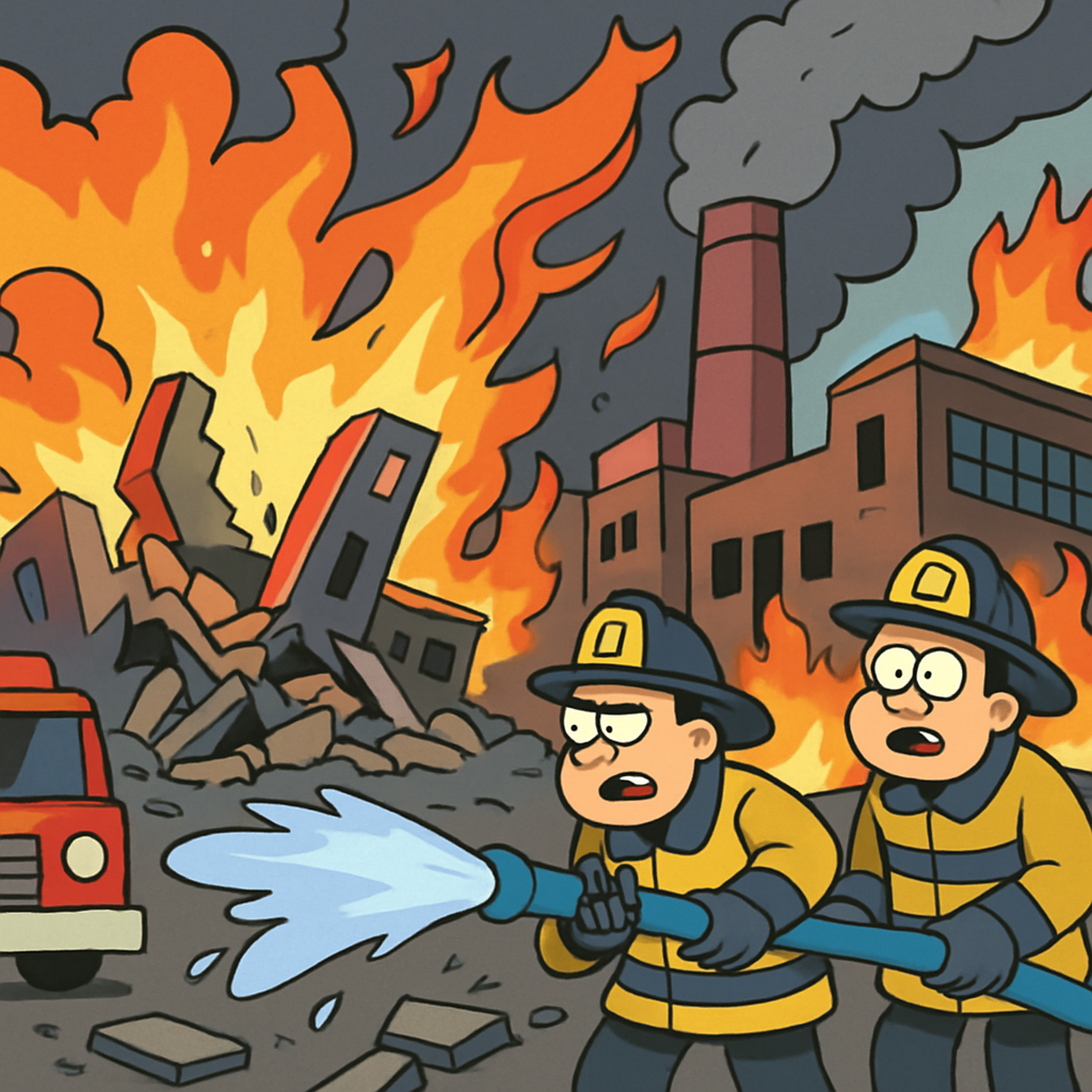 According to the fire brigade, a powerful explosion preceded the fire and most of the factory building has collapsed.