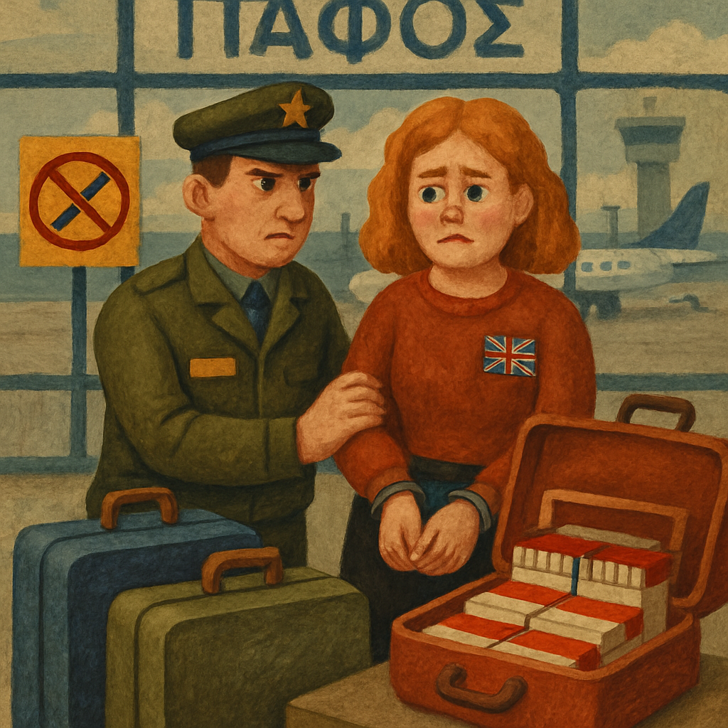 В аэропорту Пафоса задержали гражданку Великобритании за контрабанду: она пыталась вывезти три чемодана сигарет, на которых не было необходимых маркировок.