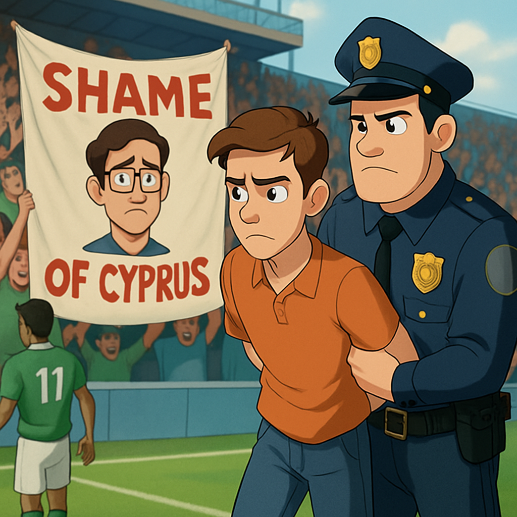 Полиция арестовала одного человека за оскорбительный баннер, вывешенный на футбольном матче, в адрес евродепутата Фидиаса Панайоту, в котором он, среди прочего, был назван «позором Кипра».