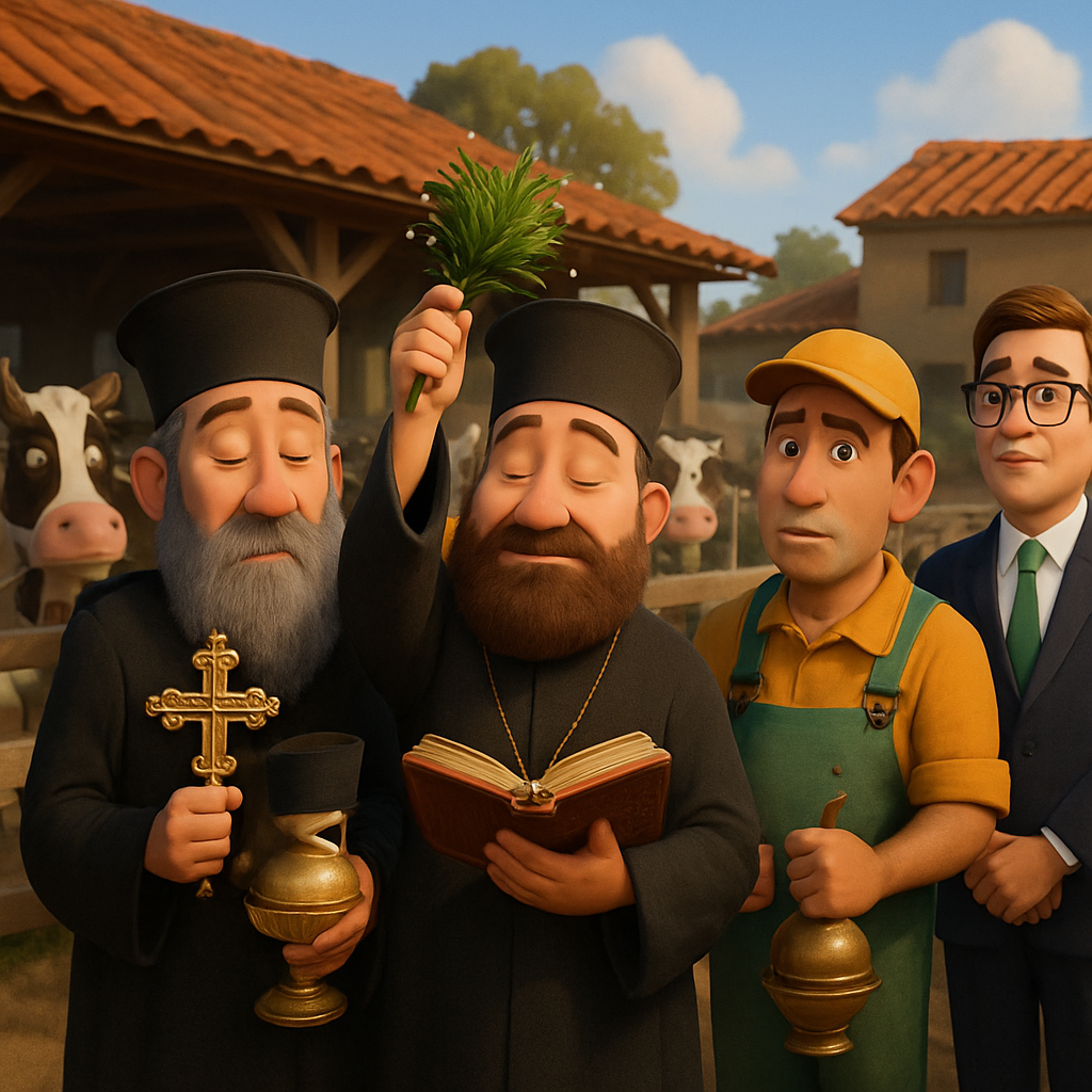 Ante el contexto del brote de fiebre aftosa en el área de Larnaca, tres sacerdotes acudieron a una granja y realizaron una ceremonia de bendición para las vacas y los trabajadores.