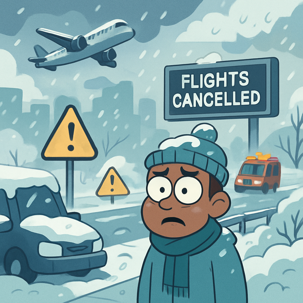 Example: Major winter storm impacts East Coast with heavy snow and ice, causing widespread travel disruptions.