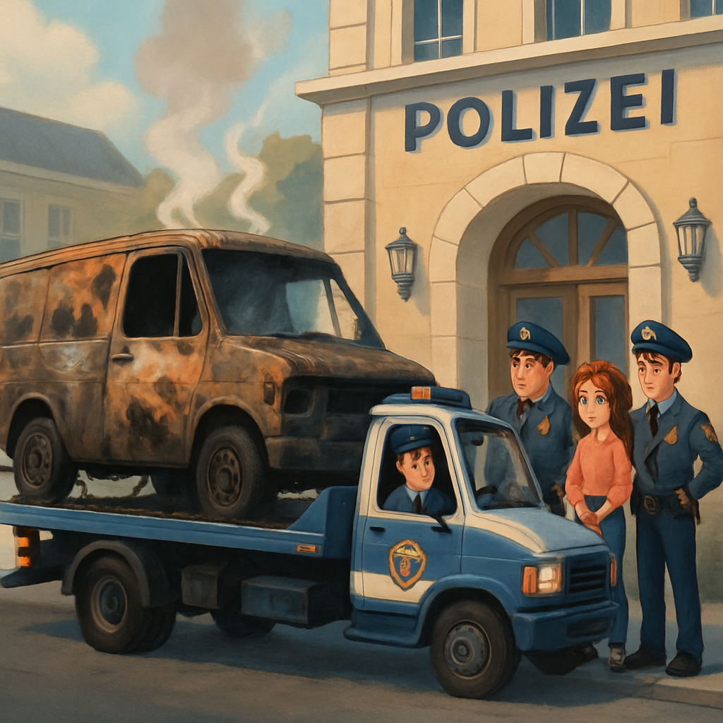 Сгоревший фургон преступников привезли в полицейский участок в Гермасойю.