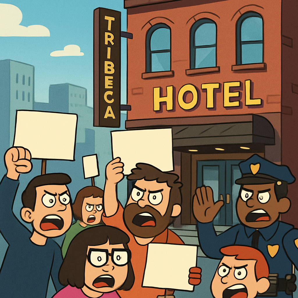 The demonstration at the TriBeCa hotel followed a similar targeting of a Hilton property in Minneapolis on Sunday.