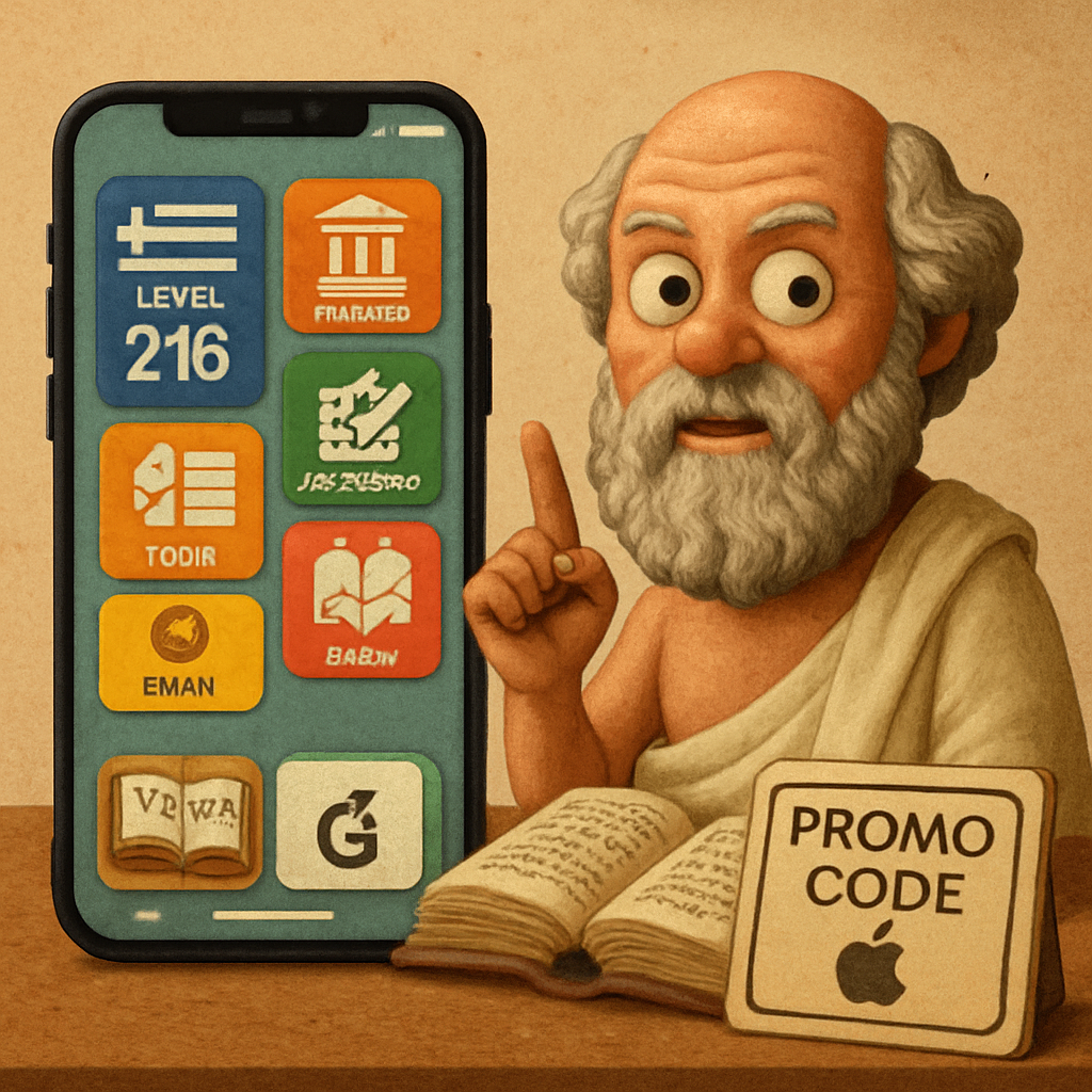 Aprende griego con Sócrates para iOS: cientos de niveles, docenas de temas, pruebas, un enorme diccionario, un examen sobre el conocimiento de la cultura e historia de Chipre + widgets.