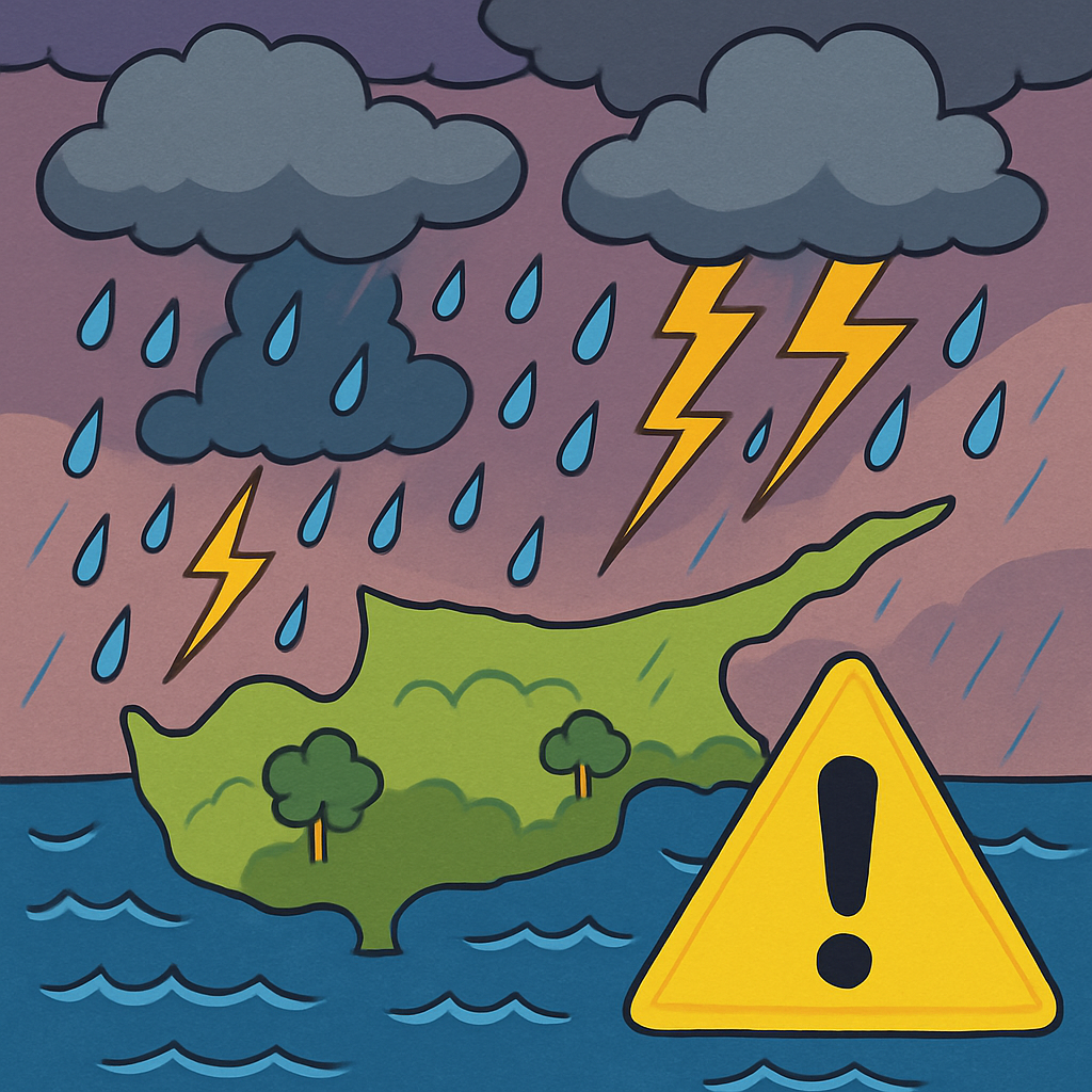 The meteorological service has issued a 'yellow' warning for rains and thunderstorms expected in Cyprus from 18:00 Tuesday to 8:00 Wednesday.