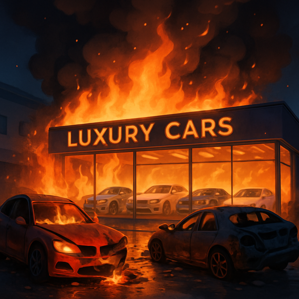 Un incendio en el salón de coches de lujo en Germasogeia dañó varios coches.