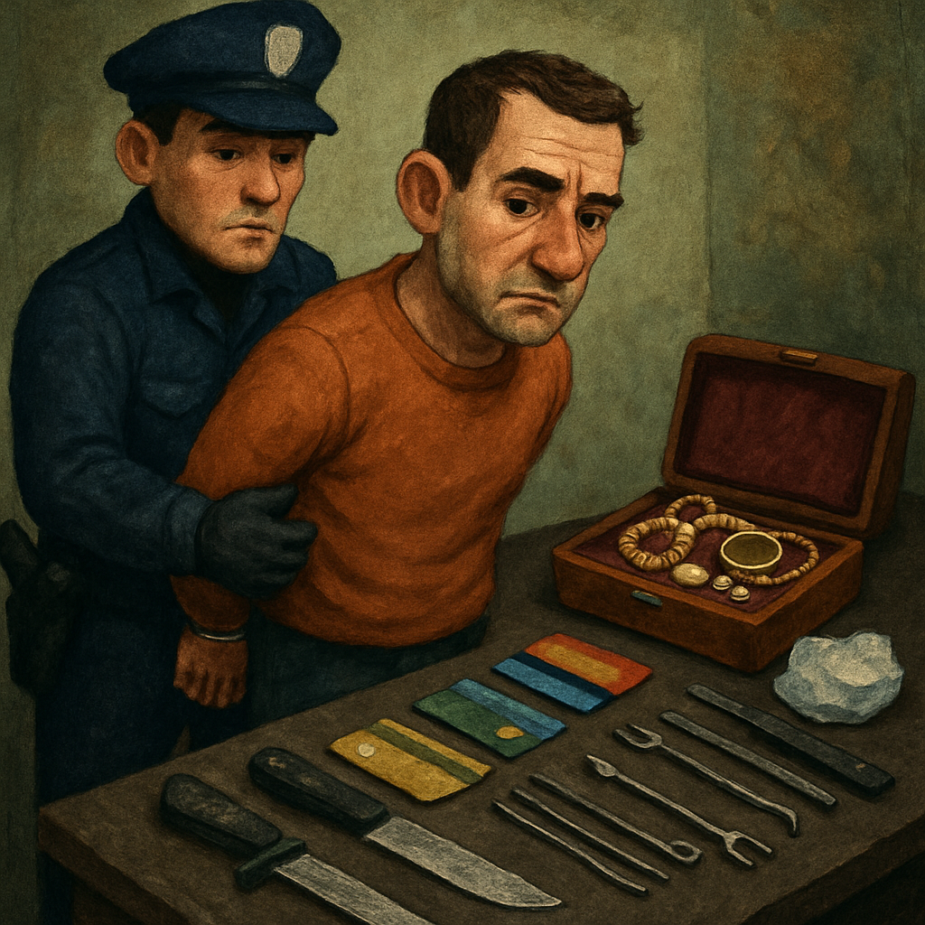 Под Никосией арестовали мужчину, у которого обнаружили множество ювелирных изделий, несколько банковских карт на чужие имена, два ножа, инструменты для взлома, а также кристаллическое вещество, предположительно наркотики.