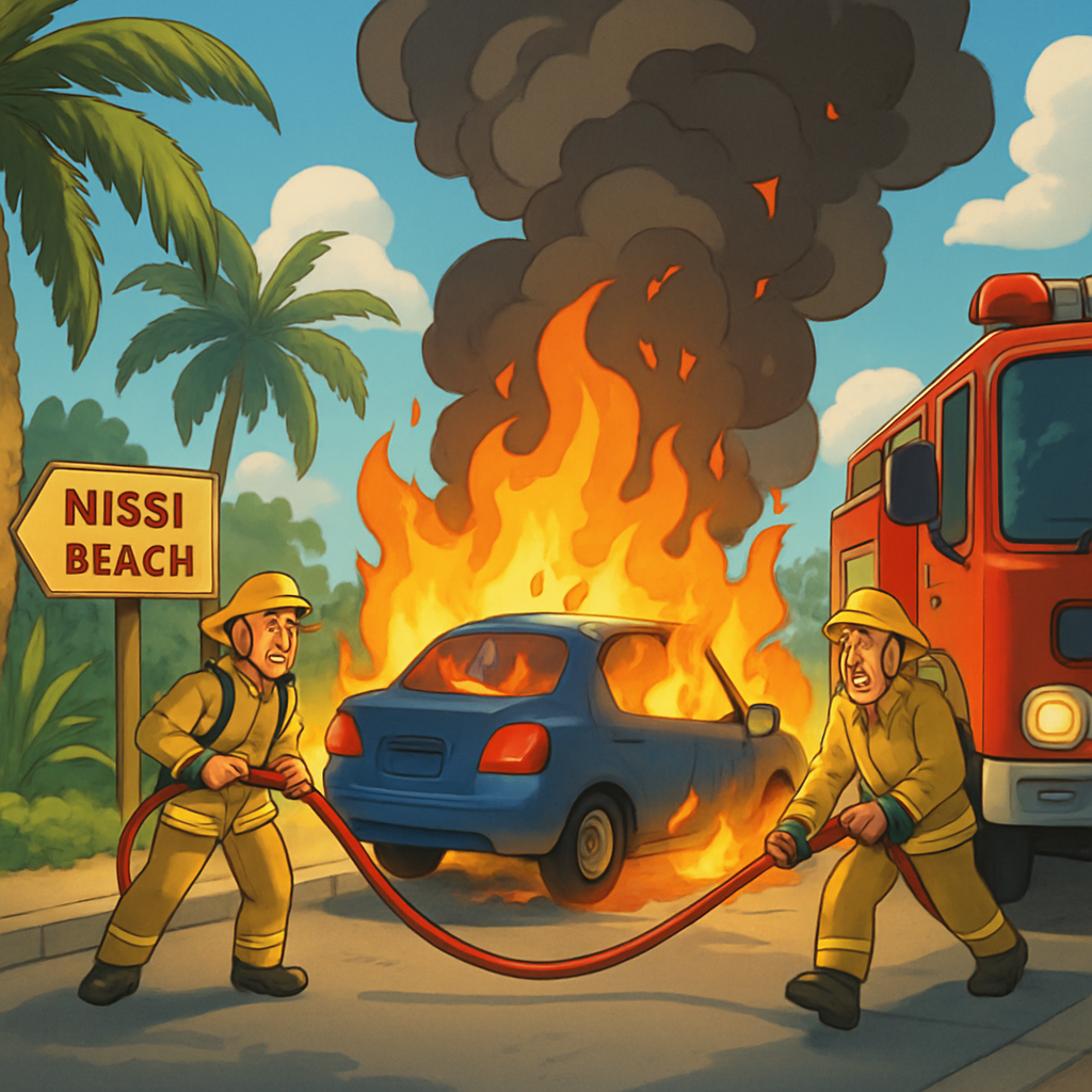 На выезде с пляжа Нисси Бич в Айя-Напе горит машина.