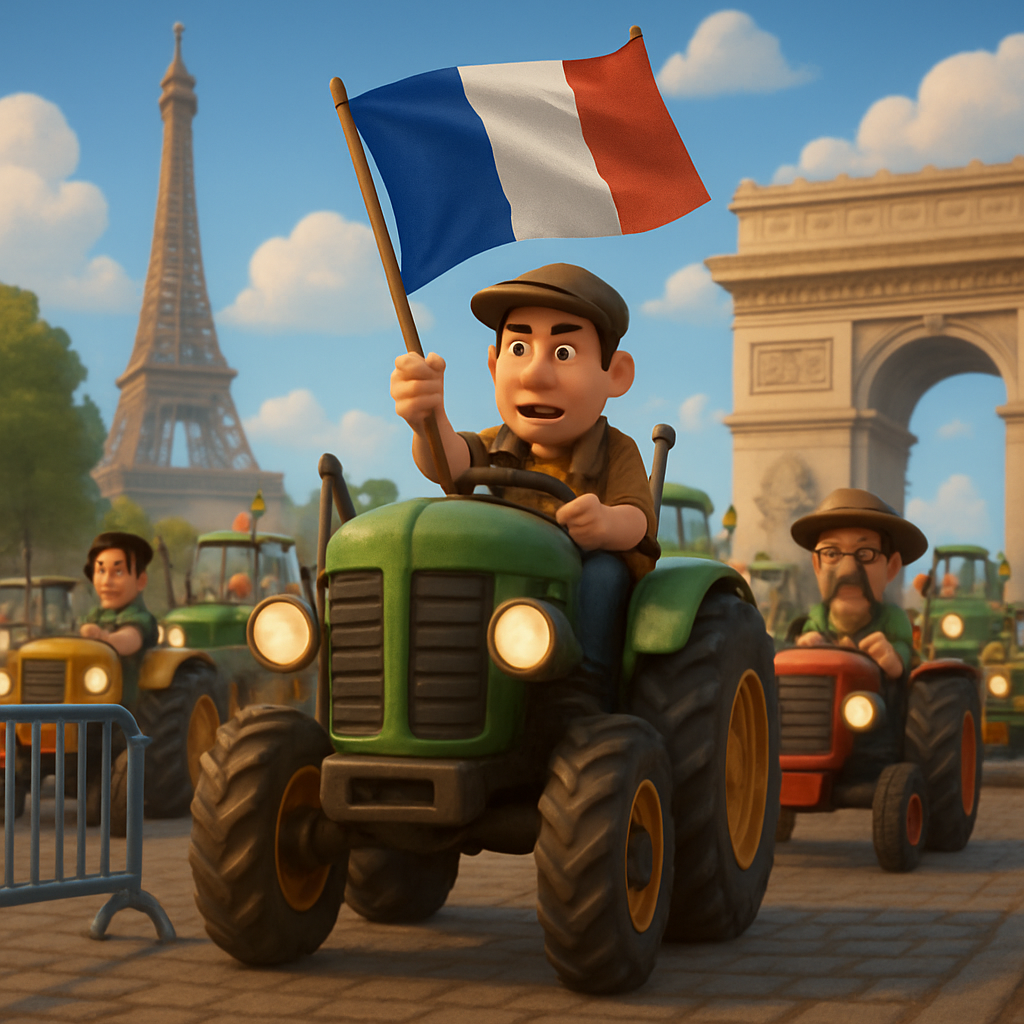 French farmers drove about 100 tractors into the French capital, protesting Brussels' trade deal with five South American nations.