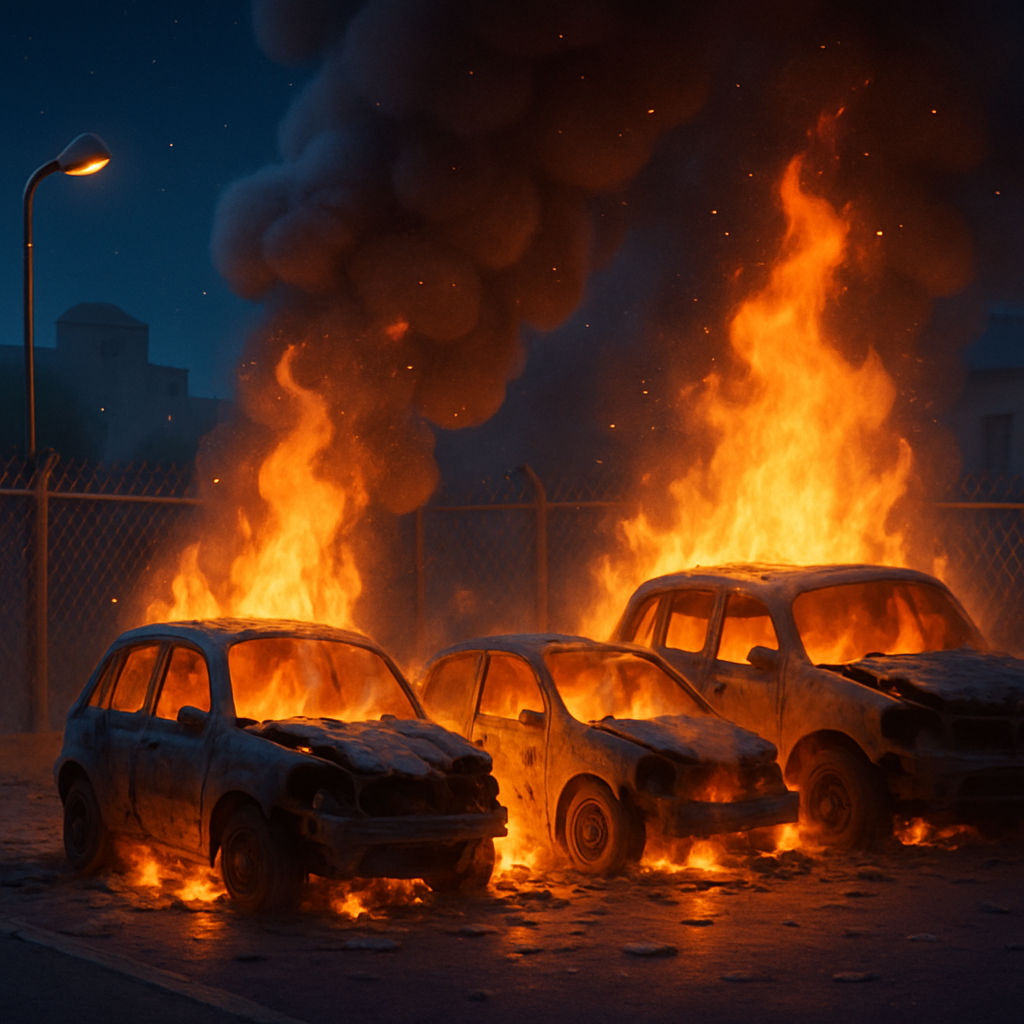 Ночью в Лимассоле загорелись три автомобиля, которые были припаркованы на открытой огороженной площадке.